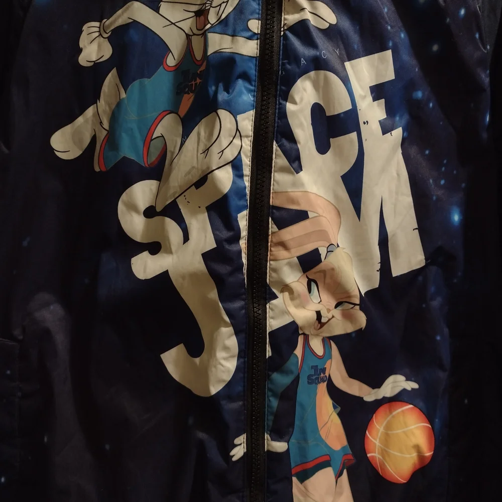 Members Only Looney Tunes Space Jam Blue Bomber Size L Faux Fur Hooded Coat